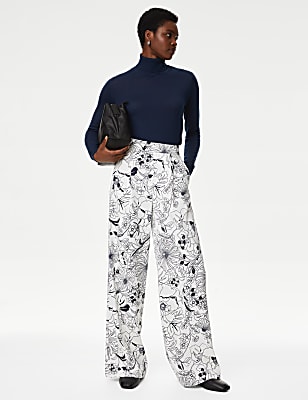 Satin Twill Floral Wide Leg Trousers
