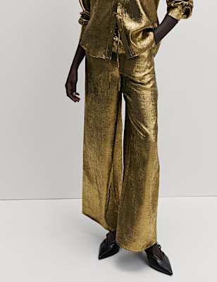 Satin Metallic Drawstring Wide Leg Trousers