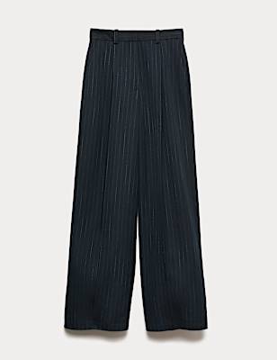 Pinstripe Single Pleat Wide Leg Trousers