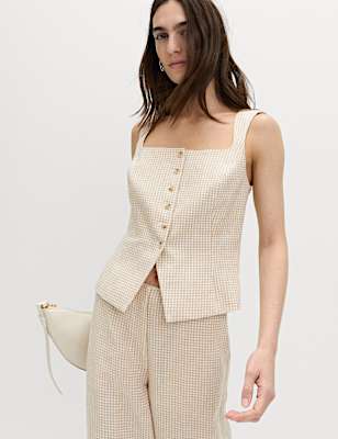 Pure Linen Gingham Waistcoat