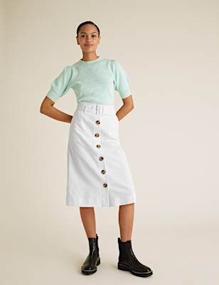Button Front Midi A-Line Skirt