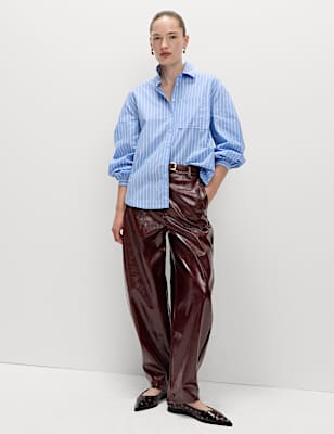 Leather Look Textured Barrel Leg Trousers