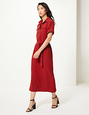 Crepe Tie Front Midi Shirt Dress