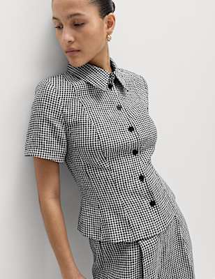 Pure Linen Tailored Checked Collared Jacket