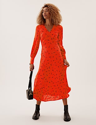 Polka Dot Ruched V-neck Midi Dress
