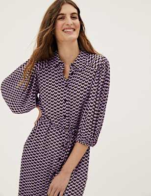 Geometric Print Collared Midi Shirt Dress