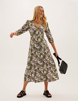 Floral V-Neck Puff Sleeve Midi Tea Dress