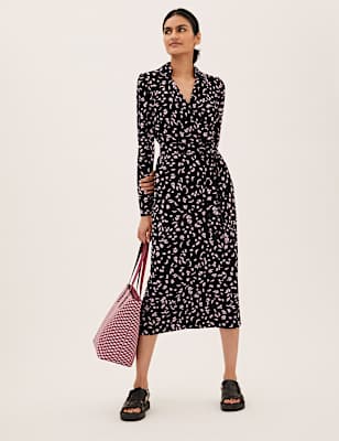 Printed Collared Midi Wrap Dress