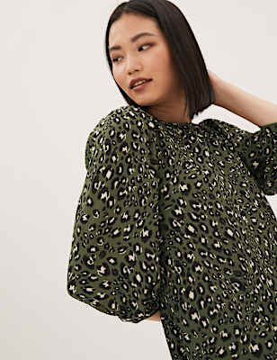 Animal Print Puff Sleeve Swing Dress