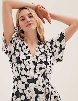 Floral Short Sleeve Midi Wrap Dress