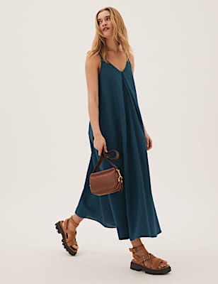 Linen Rich V-Neck Pleated Midi Slip Dress