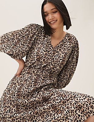 Jersey Plisse Animal Print Midi Dress