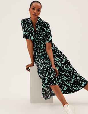 Printed Belted Midi Shirt Dress
