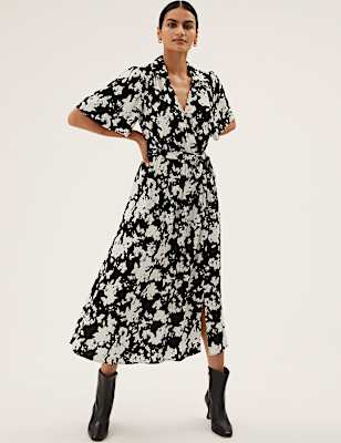 Floral V-Neck Angel Sleeve Midi Wrap Dress