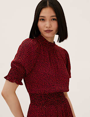 Animal Print Puff Sleeve Midi Waisted Dress