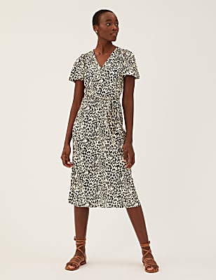 Jersey Animal Print V-Neck Midi Wrap Dress