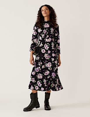Satin Floral Button Detail Midi Dress