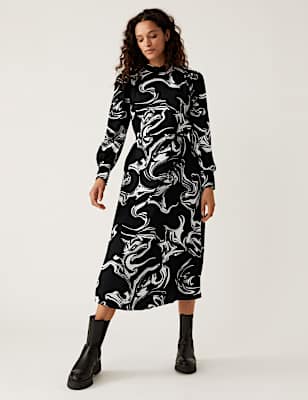 Marble Print Round Neck Midi Column Dress