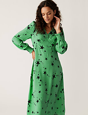 Star Print V-Neck Midi Tea Dress