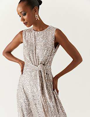 Sequin Round Neck Tie Front Midi Tea Dress