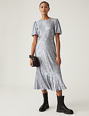 Sequin Round Neck Midi Tea Dress