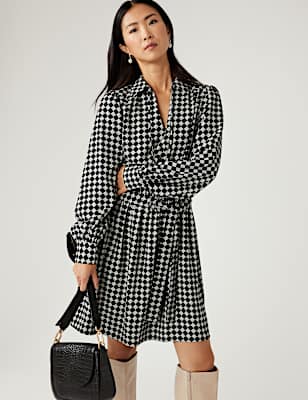 Checked Tie Neck Mini Waisted Dress