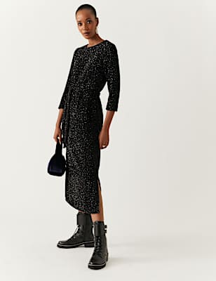 Jersey Tinsel Belted Midi Shift Dress