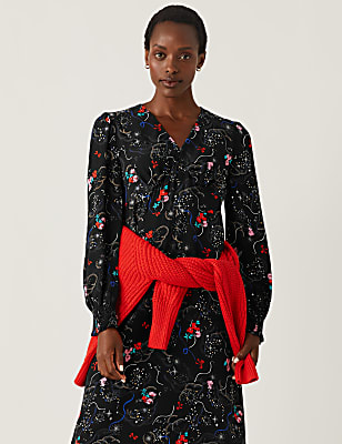 Floral V-Neck Blouson Sleeve Midi Tea Dress