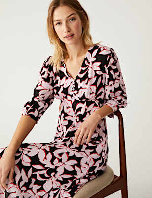 Floral V-Neck Tie Waist Midi Tea Dress