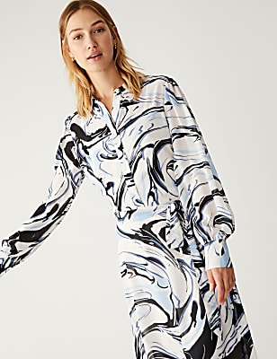 Marble Print Tie Waist Midi Shirt Dress