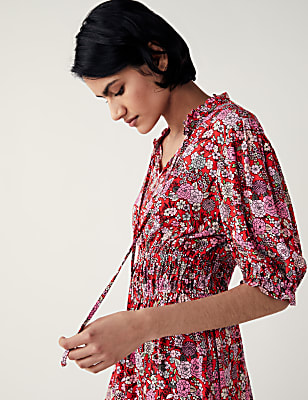 Floral Tie Neck Midi Waisted Dress