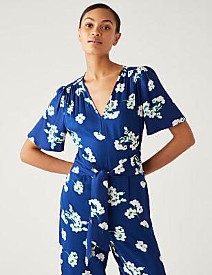 Floral Tie Detail Short Sleeve Jumpsuit