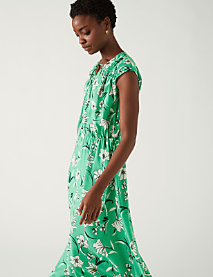 Floral Tie Neck Midaxi Waisted Dress