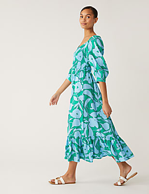 Floral Square Neck Midi Smock Dress