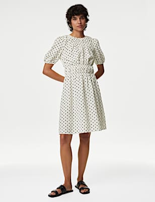 Polka Dot Textured Mini Smock Dress