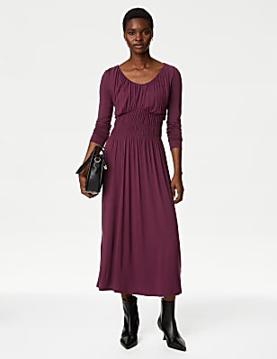 Round Neck Ruched Midi Smock Dress