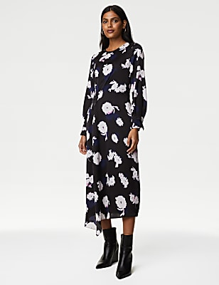 Satin Floral Round Neck Midi A-Line Dress