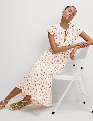 Floral Tie Neck Midaxi Tea Dress