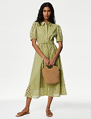 Pure Cotton Broderie Midi Shirt Dress