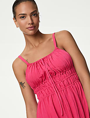 Crinkle Smocked Cami Midi Slip Dress