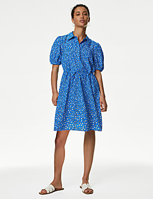 Printed Collared Tie Waist Mini Shirt Dress