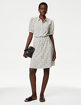 Printed Collared Tie Waist Mini Shirt Dress