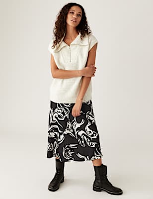 Satin Marble Print Midi Slip Skirt