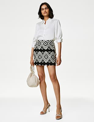 Cotton Blend Jacquard Mini A-Line Skirt