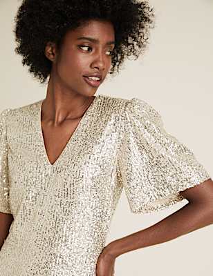 Sequin V-Neck Midi Tea Dress