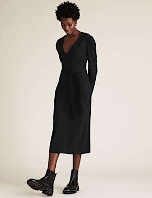 Jersey V-Neck Tie Front Midi Wrap Dress