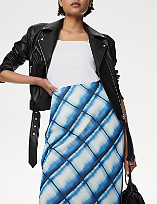 Checked Midi Column Slip Skirt