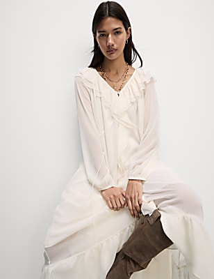 V-Neck Frill Detail Midaxi Smock Dress