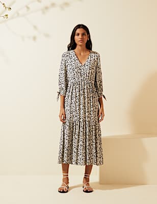 Floral V-Neck Tie Sleeve Midi Dress