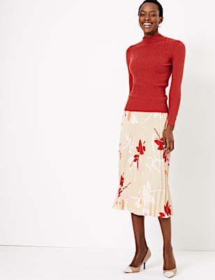 Leaf Print Pleated Midi Skirt